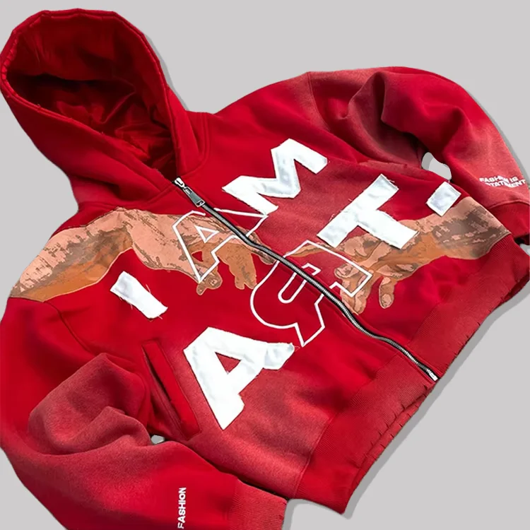 Custom Embroidered Printed Boxy Heavyweight Cropped Jogging Hoodie Distressed Acid Wash Zip up Satin Lined Hoodie for Men