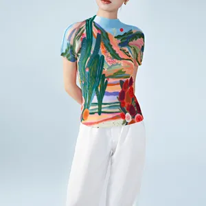 Miyake Short Sleeve Summer Women's T-shirt Print High Neck Slim Fit Elastic Base Top With Stylish and Versatile Pleated Design