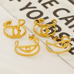 Trendy European American Fashion Stainless Steel Double-Layer Geometric Hollow Stud Earrings Gold-Color Plating for Anniversary