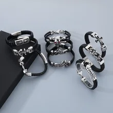 Cowhide Silver Plated Stainless Steel Anchor Bangle Leather Bracelet Unisex Marine Fashion Jewelry