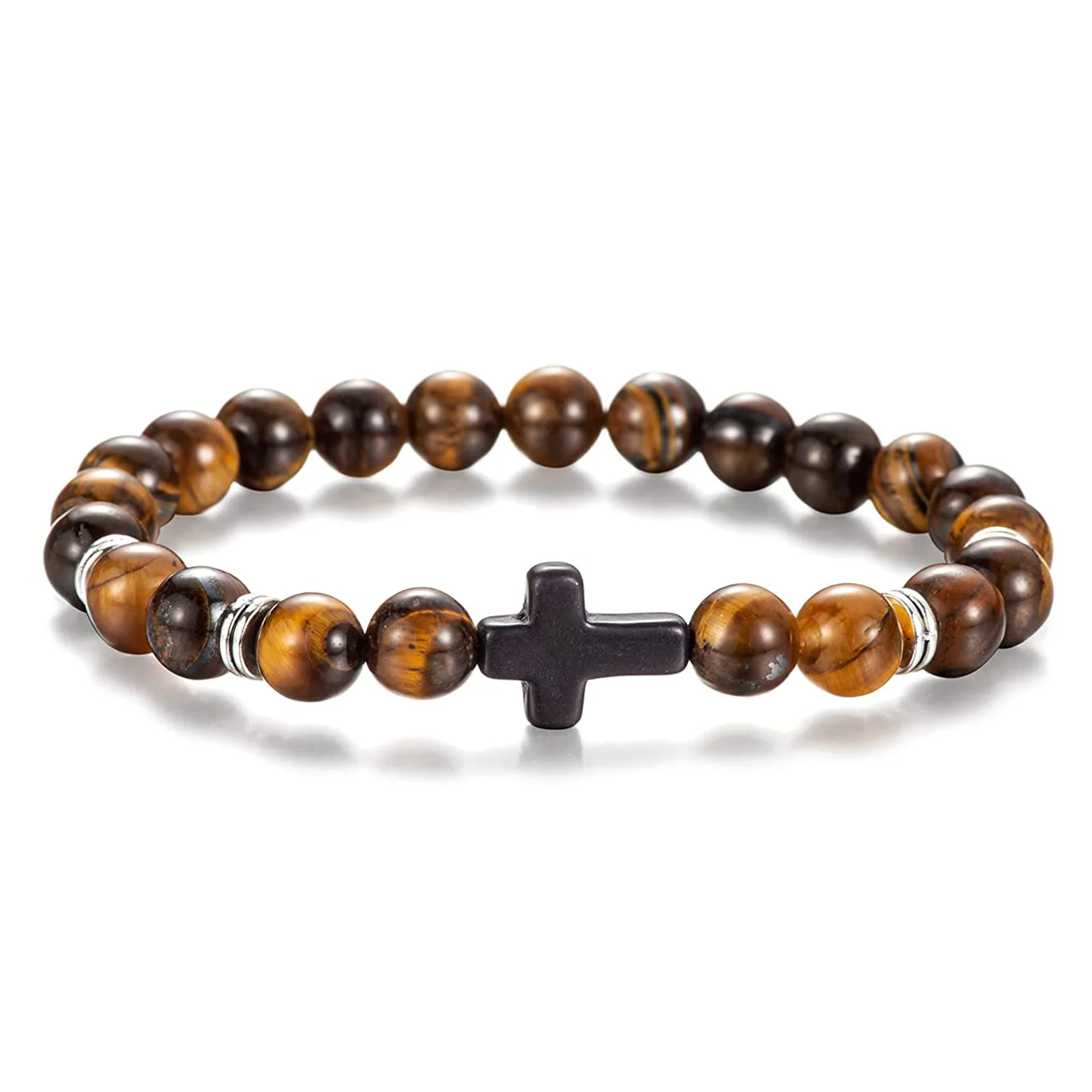 Cross Bracelets 8mm Natural Howlite Turquoise Healing Beaded Stretch Cross Bracelets for Women Men