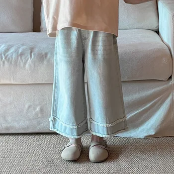 Boys and Girls jeans 2024 Spring new children's medium straight pants loose wide-leg pants fashion
