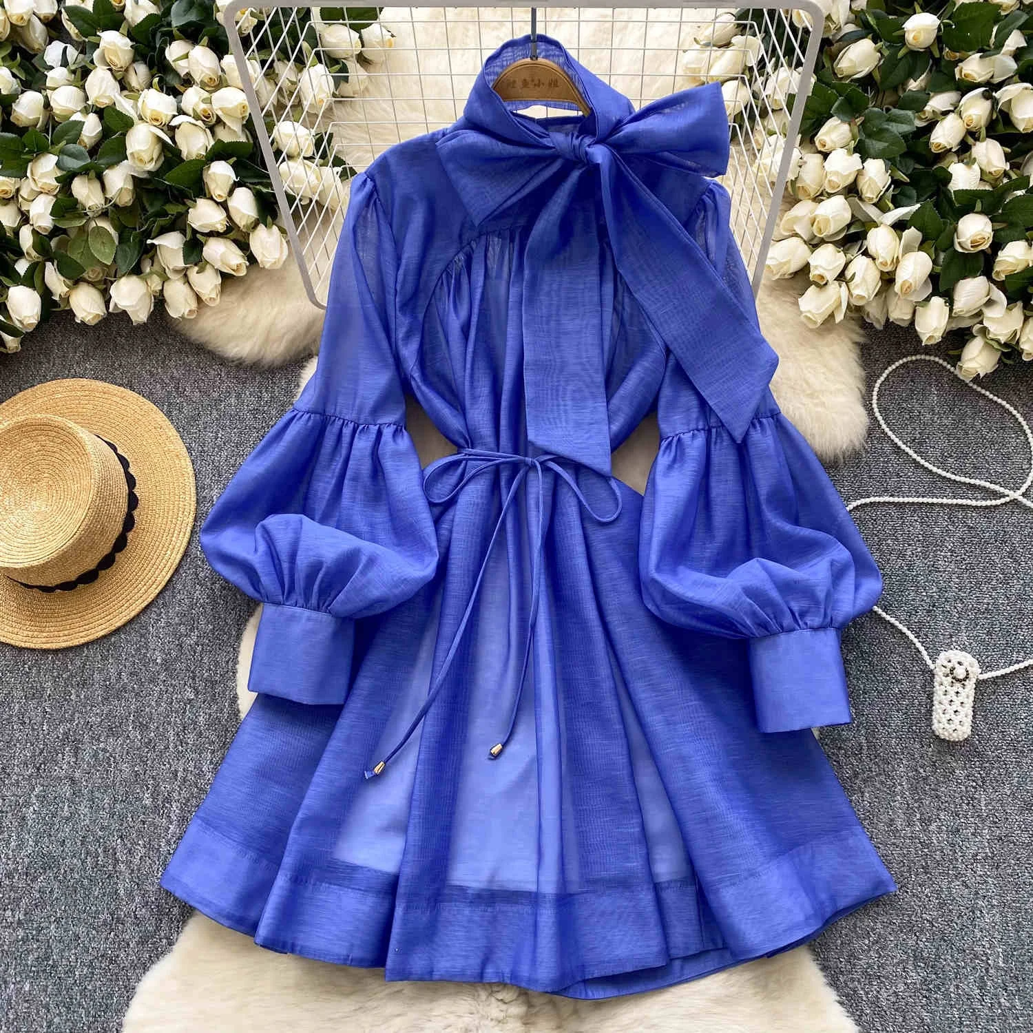Retro Lantern Sleeve Long Dresses Women Strap Waist Design Women' S Elegant  Dress