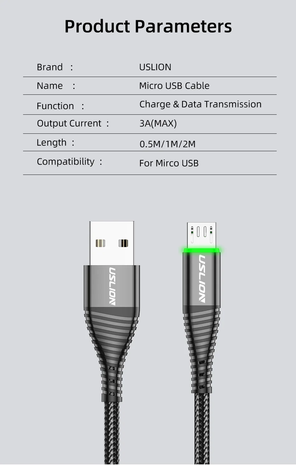 USLION 3A Fast Charging 2M Green LED illuminated Micro USB Charging Cable Data Cable For Android Mobile Phone - ANKUX.COM