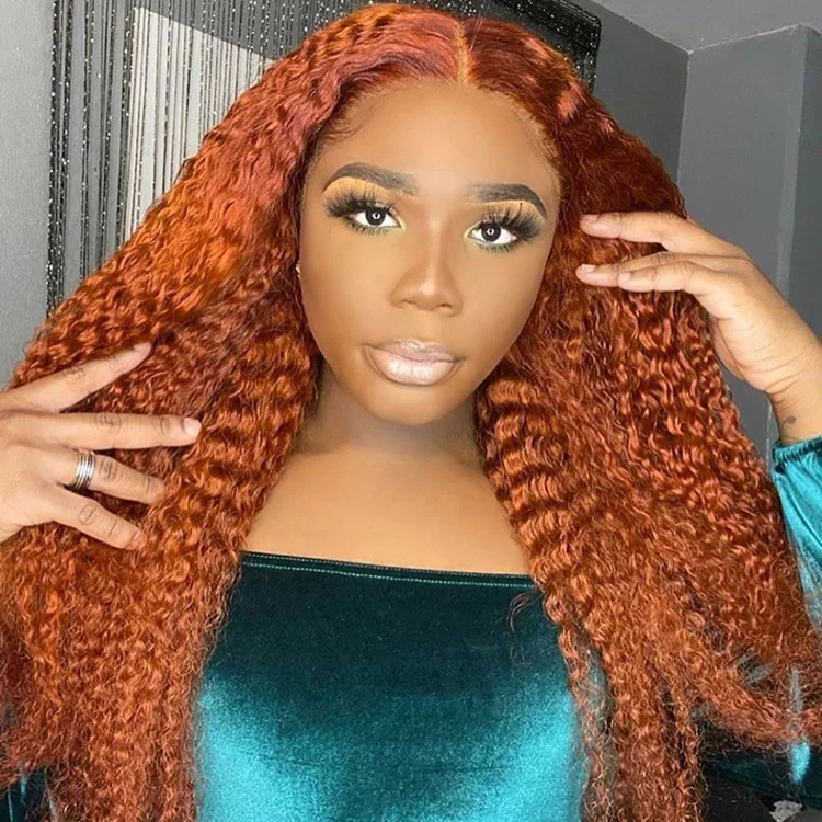 Cuticle Aligned High Density Orange Kinky Curly Raw Cambodian Human Hair Lace Frontal Wigs