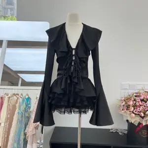 French Romantic White Ruffled Lace up Long Sleeve Top  Tiered Lace Pleated Mini Skirt Two Piece Set Custom Made