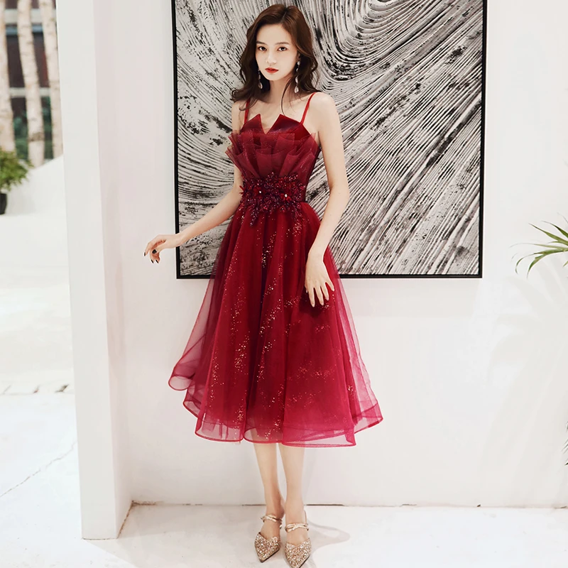 Robe De Soiree Wine Red Lace Beading Long Evening Dress Backless Bridal V  Neck Sleeveless Transparent Banquet Sexy Prom Dress