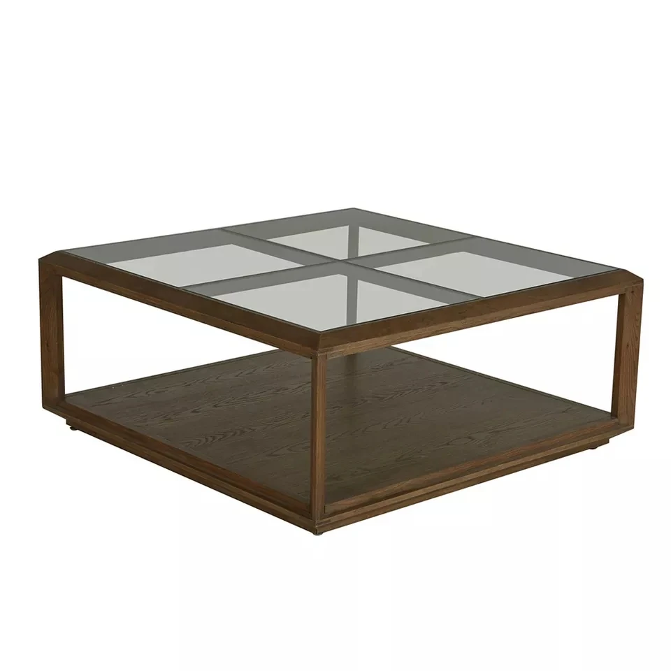 Retro Square Glass Top Centre Farmhouse Oak Coffee Table For Living ...