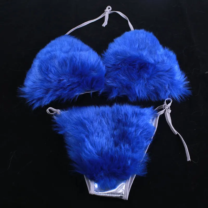 Women's Sexy Fur Bikini Set Genuine Fox Fur Bra Fur Underwear Briefs Winter  Bra