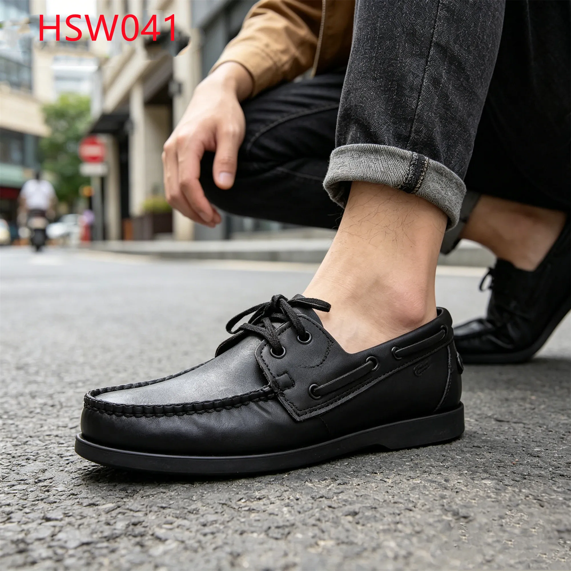 LXG,Beach Strolling Easy-care Material Pure Black Boat Shoes Travel Friendly Hua Singh Deck Shoes with Leather Half InsoleHSW041