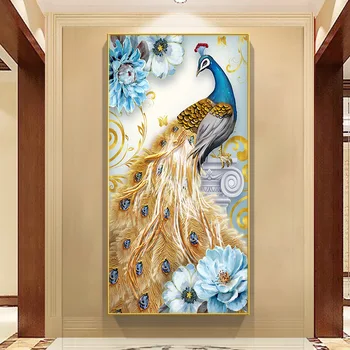 低価格卸売孔雀玄関装飾通路壁クリスタル磁器壁アートゴールドイエロー
