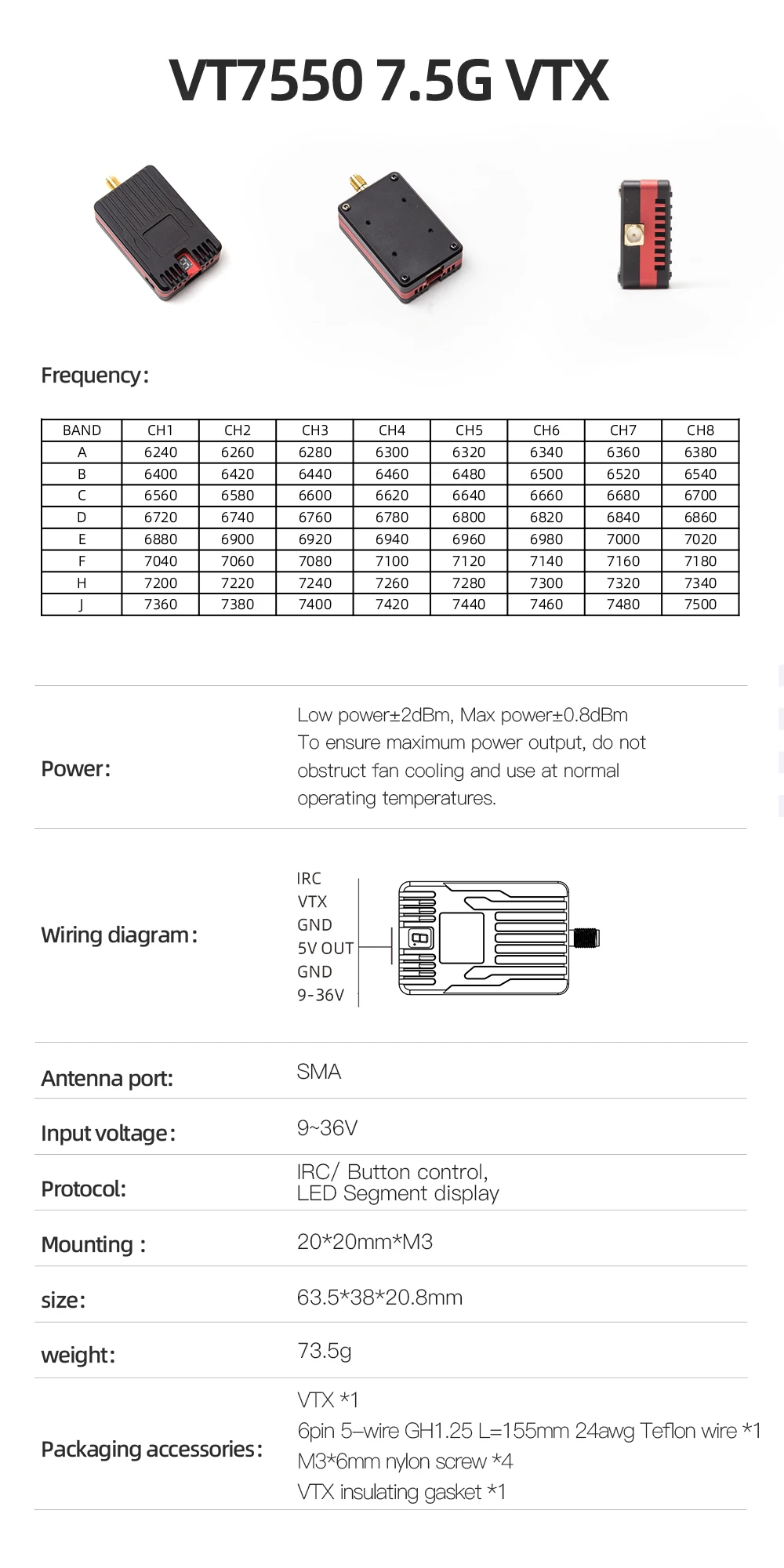 New Arrive SKYZONE VT7550 5W High Power VTX Video Transmitter Long Range High Frequency Vtx