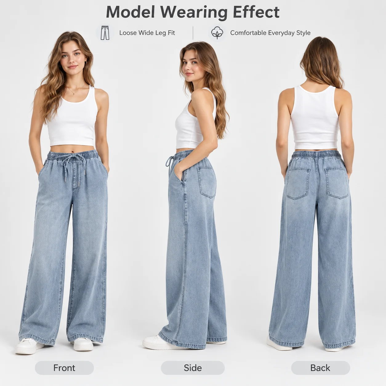 New Trending ODM Womens Light Blue Straight Leg Eco-Friendly Denim Jeans Custom Wholesale High Waist Solid Loose Casual