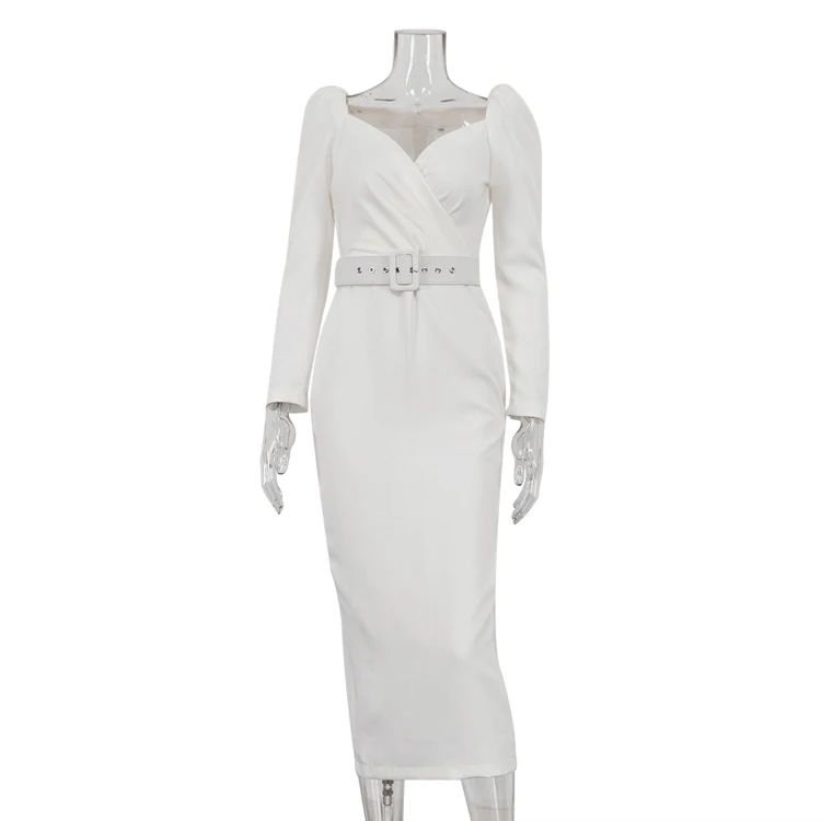 White Zip-Up Slit Slim Long Sheath Pencil Dress Ladies Official Gala Dinner  Soiree Evening Formal Dresses for Women With Belt
