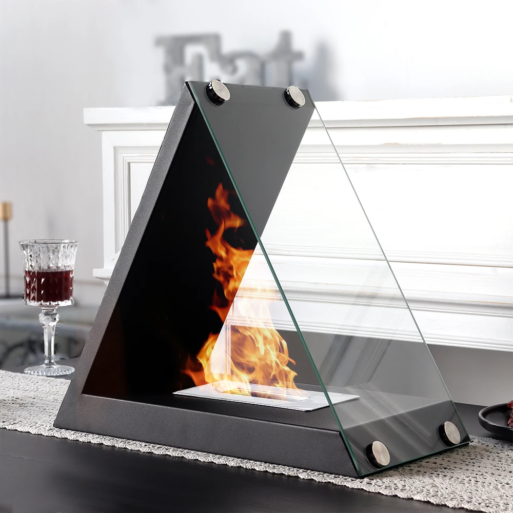 Triangle Glass Table Flameless Ethanol Fireplace Glass Portable Fire ...