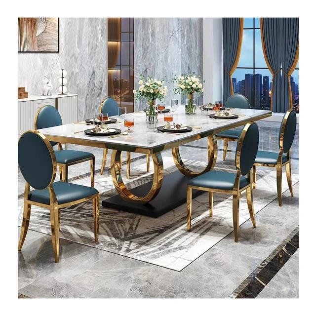 Luxury marble top dining table stainless steel legs metal dining tables set dining room furniture leather chairs banquet tables