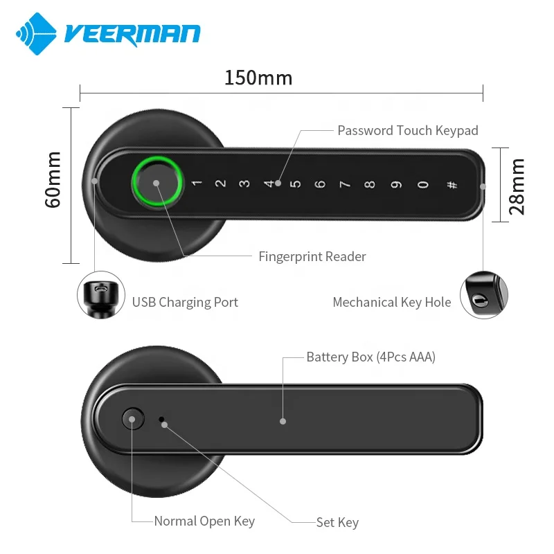 TTlock APP Tuya APP Fingerprint Lever Magnetic Door Handle Lock Wooden Door Smart Door Lock