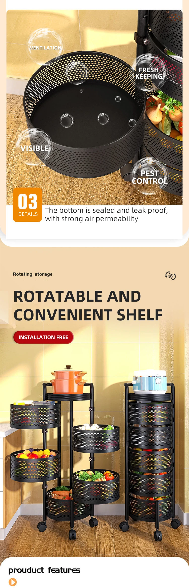 5 Layer Rotating Vegetable Rack Household Round Basket Cylindrical