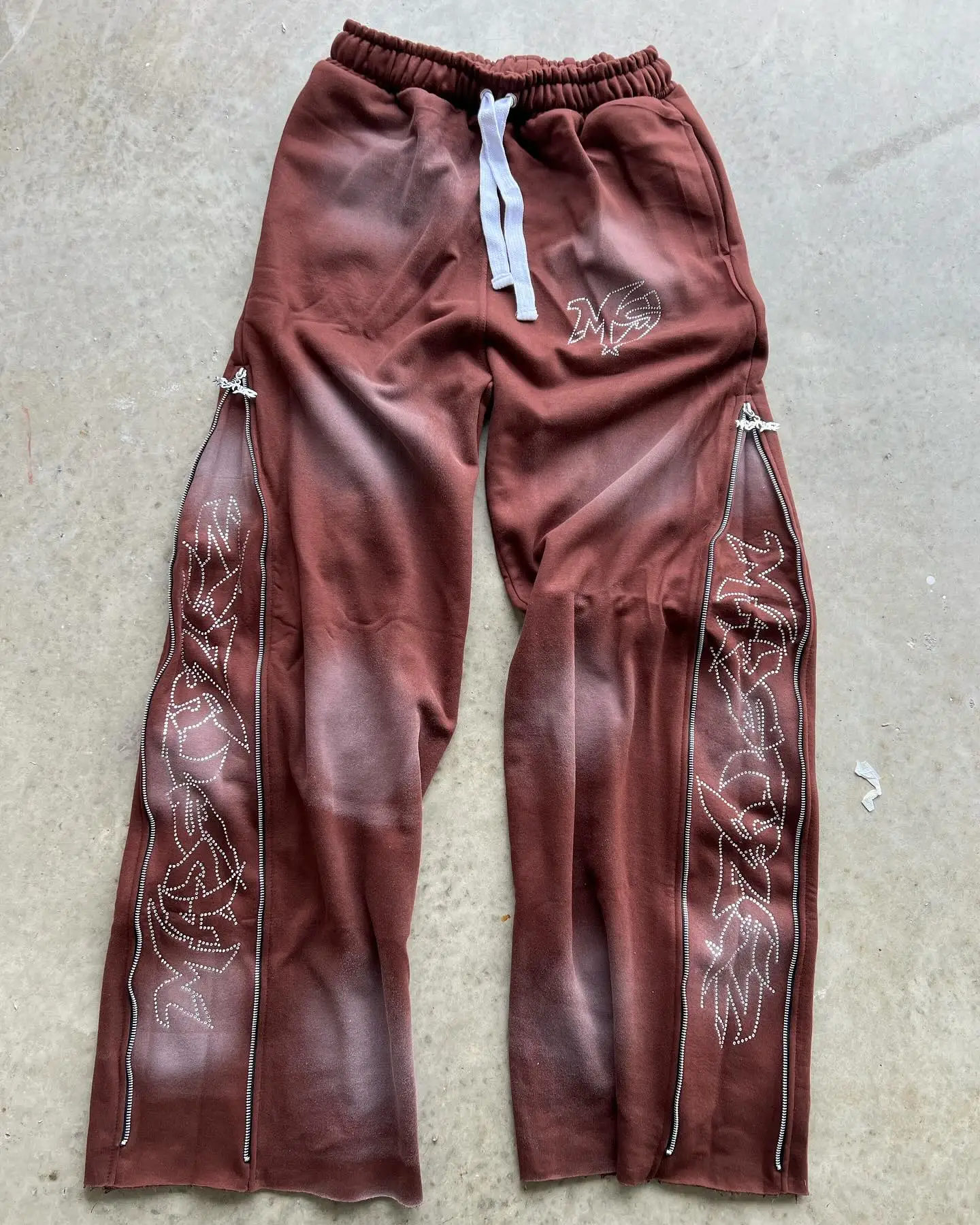Acid Washed Sweat Suits Custom 100% Cotton Terry Oversized Tracksuit Men Flare Stacked Sweatpants and Rhinestone Hoodie Set gallery 5