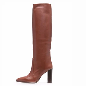 Brown PU Leather Chunky Heel Knee High Boots for Women Plus Size Block High Heel Long Boot