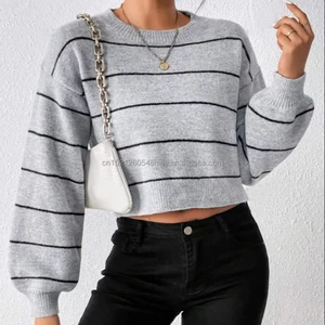 European American Women's Casual Short-Length Autumn Pullover Sweater Knitted Long Sleeve with Loose Fit Stripe Design