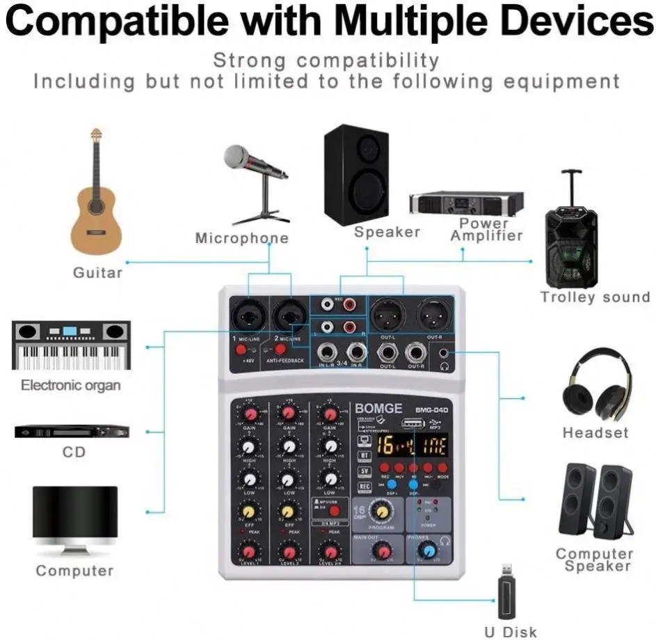 Professional 4 Channel USB Audio Mixer Dj Console Stereo Recording 48V Phantom Power 16  DSP Musical Instrument