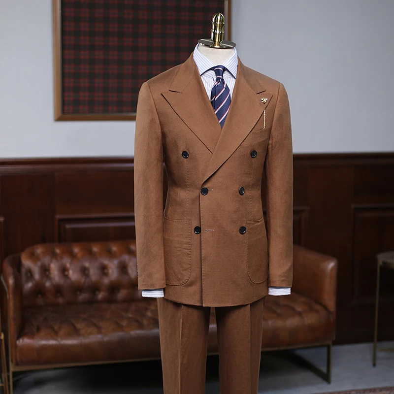 Retro Style Plain Linen Cotton Blend Double Breasted Wide Peaked Lapel 2-Piece Men's Suit