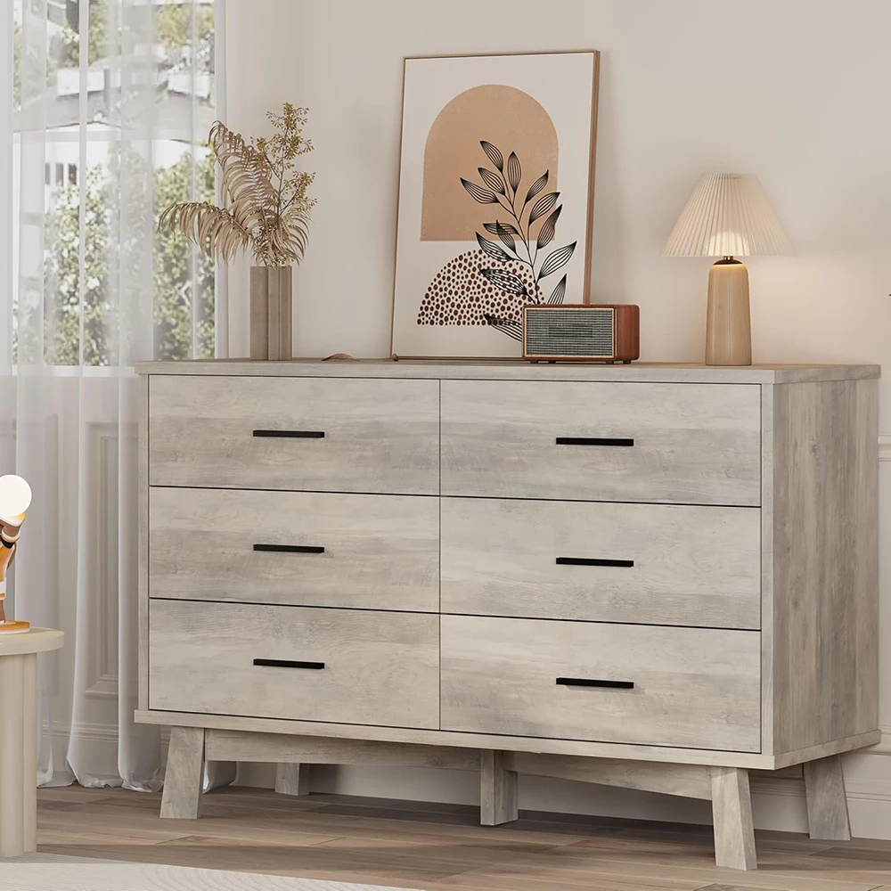 Nu-Deco Modern 6-Drawer Wide Chest Dresser with X-Shaped Sturdy Base Wood Material Grey for Bedroom Living Room Clothes Storage