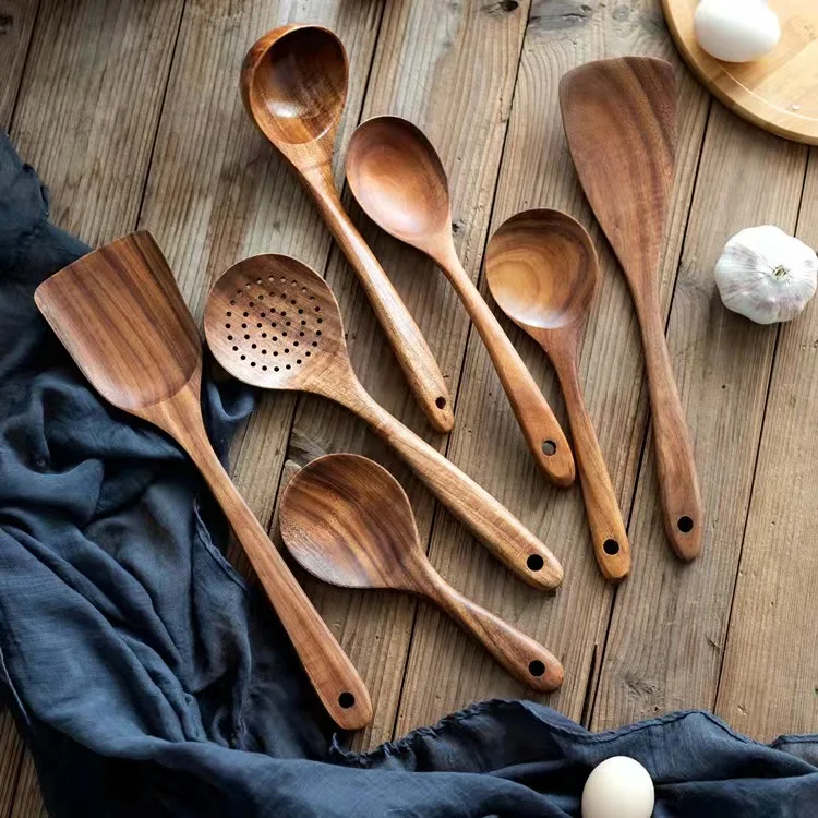 Wooden Kitchen Utensils set,NAYAHOSE Wooden Spoons for cooking Natural Teak  Wood Kitchen Spatula Set for Cooking including Spoon Ladle Fork 7 Pack