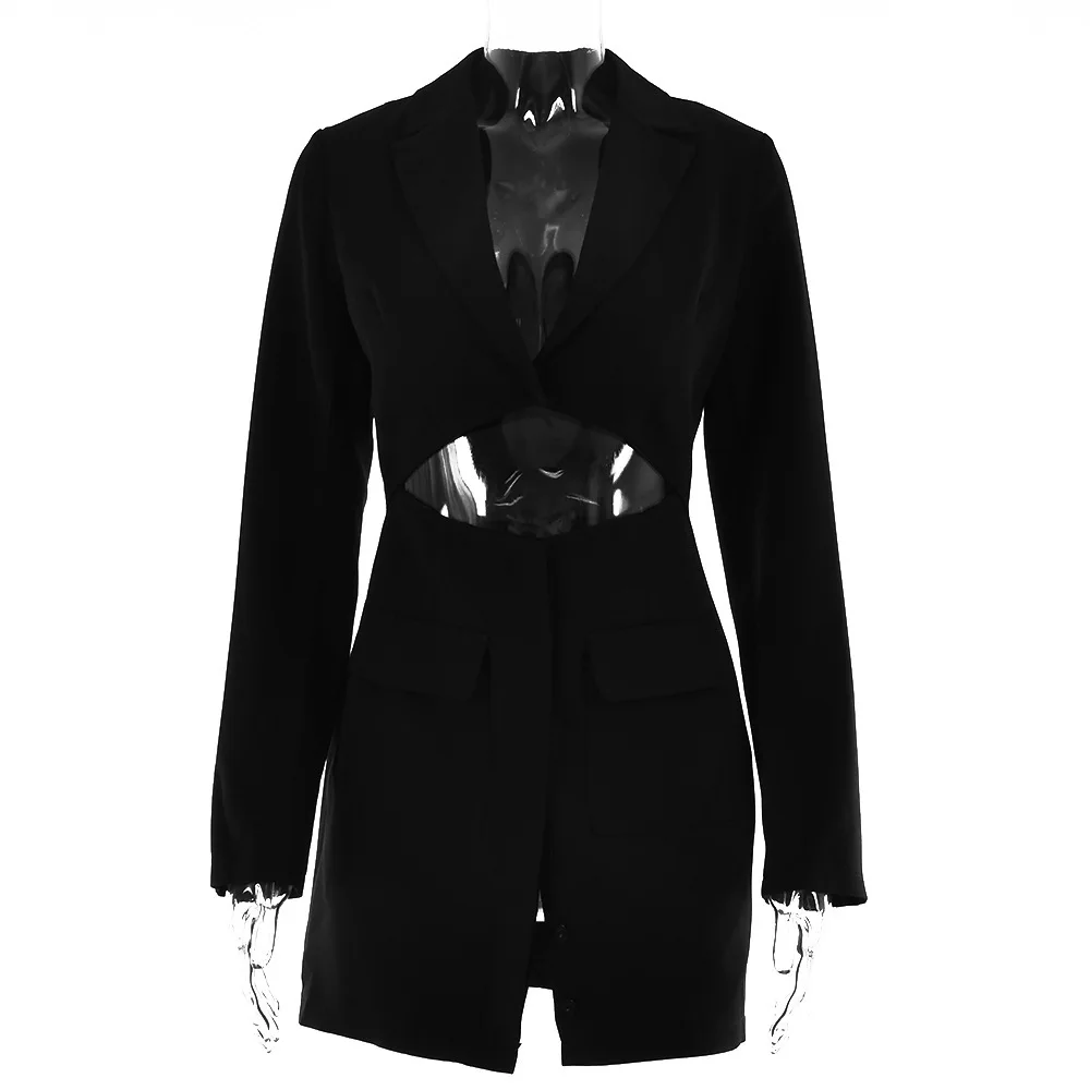 Autumn Long Sleeve Blazer Dress Woman Sexy Notched Collar Hollow Out  Buttons Jacket Office Wear