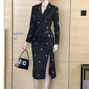 Customize Spring Autumn Winter Office Lady Ruched Mid-Length Embroidery Animal Fashion Breathable Professional Elegant Dress