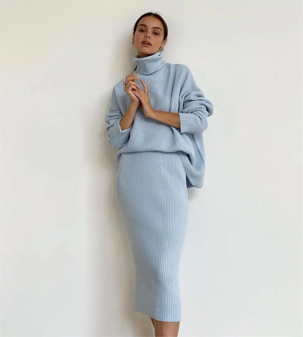 2025 Fall Winter Ladies Ribbed Knit Two Piece Set Outfit