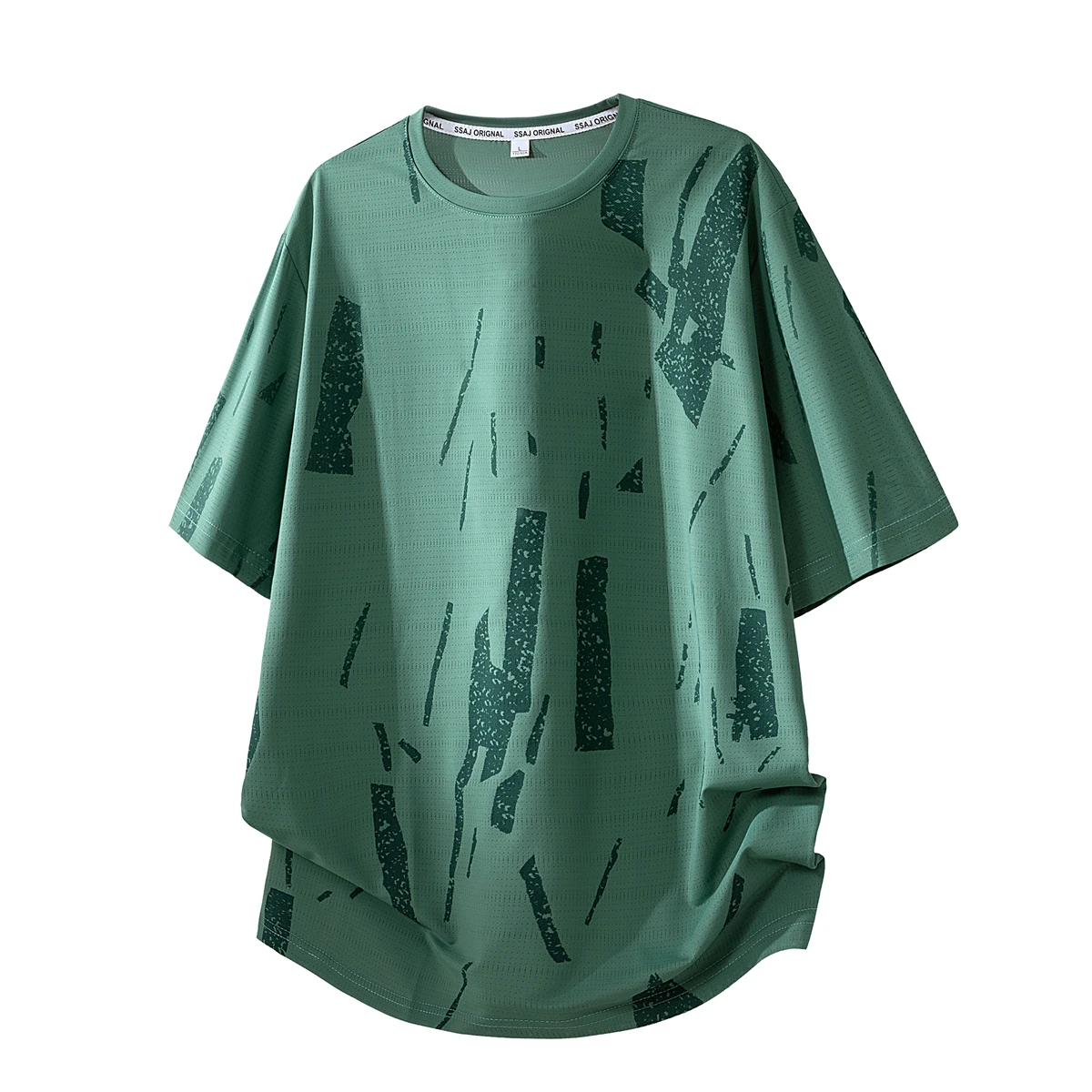 Geometric graffiti print T-shirt, plus size, breathable mesh fabric, 89% polyester, 11% spandex, cooling short-sleeved summer T-shirt.
