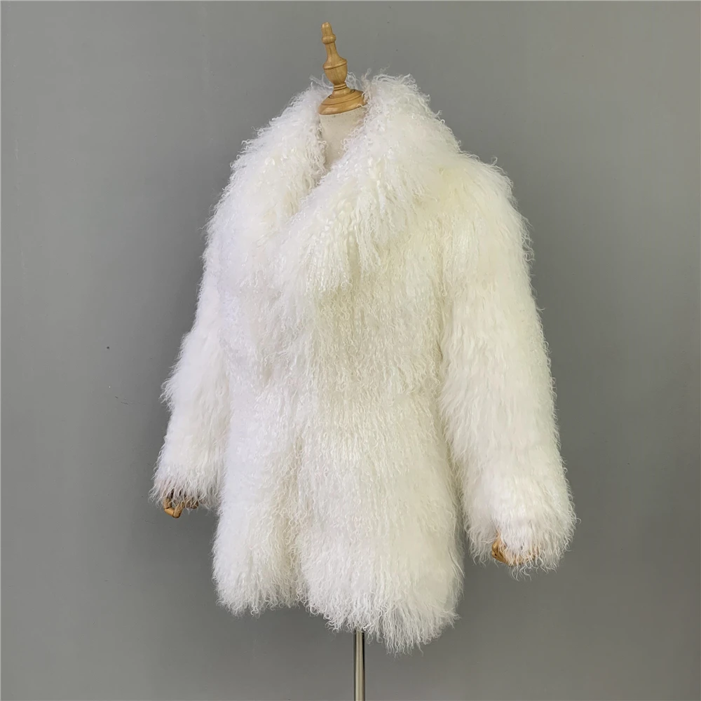 2023 Real Fur Collar Custom Wholesale New Fashion Winter Curly Fur Jacket  Long Hair Real White Mongolian Fur Coat