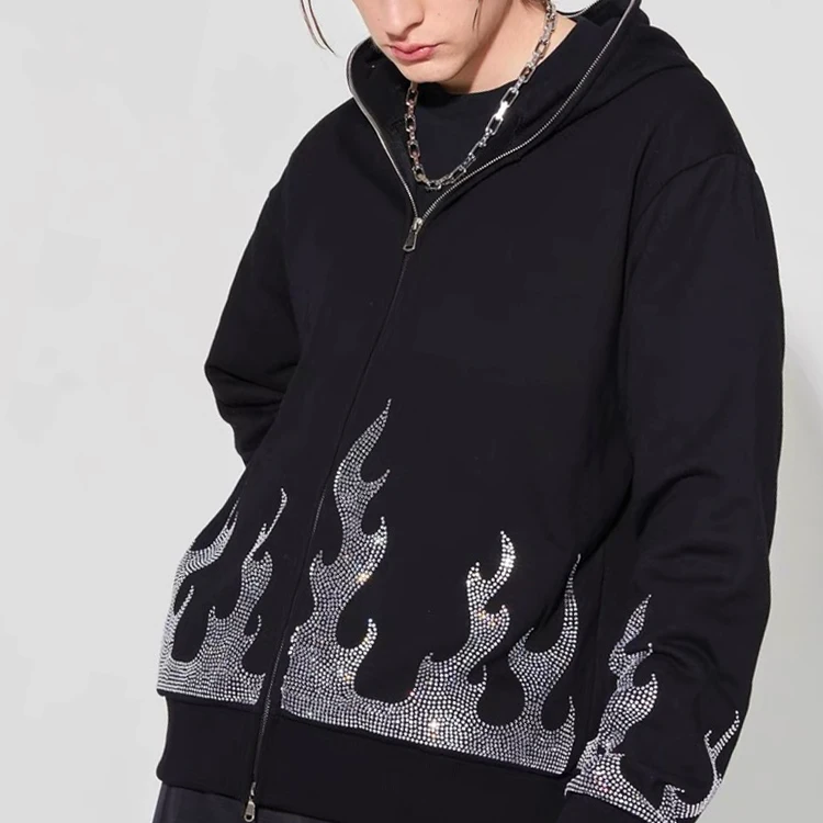 Custom Streetwear Oversized Men's Zip Up Hoodie with Flame Rhinestone Design 330grams French Terry Fabric