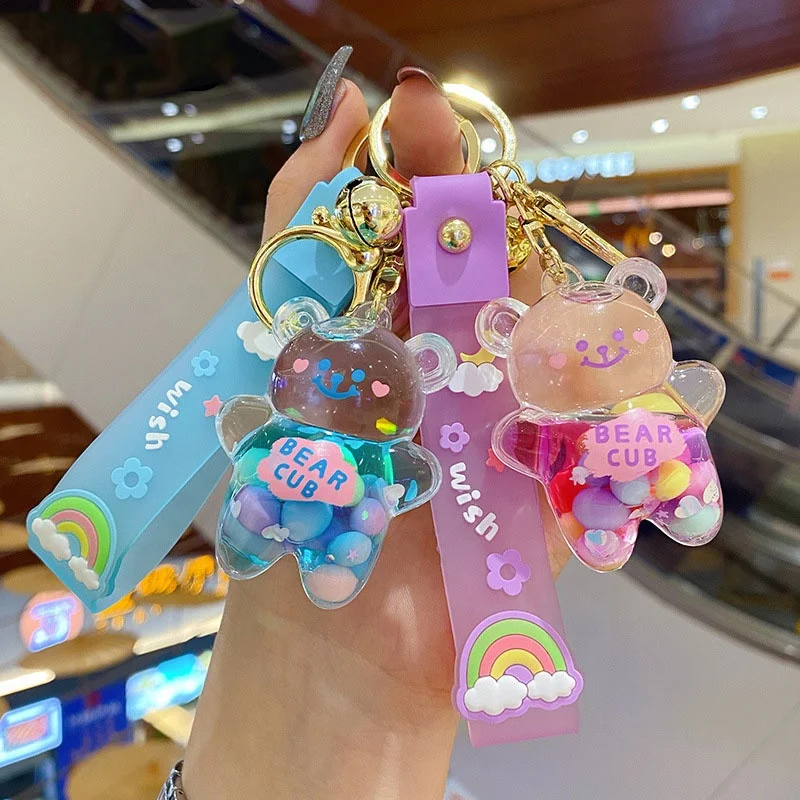 Cute Key Decorations Creative New Liquid Oil Chubby Bear Quicksand Keychain Cute Floating Colorful Balloons Keyring Girl Bag Pen