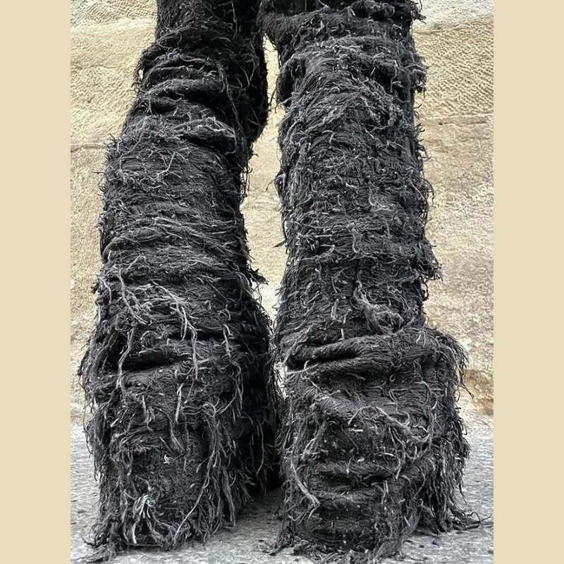 DiZNEW High Street mummified denim jeans fringe solid color trousers man details