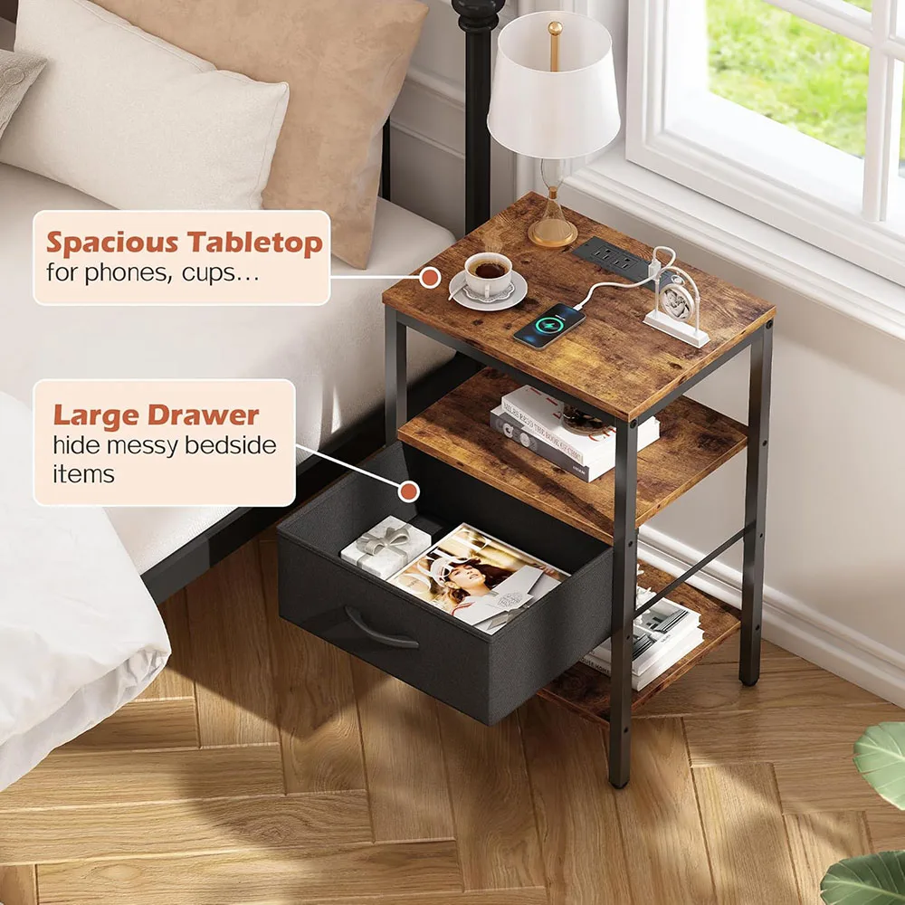 Modern 3-Tier Storage End Table Adjustable Fabric Drawer Nightstand Charging Station for Bedroom Home Use manufacture