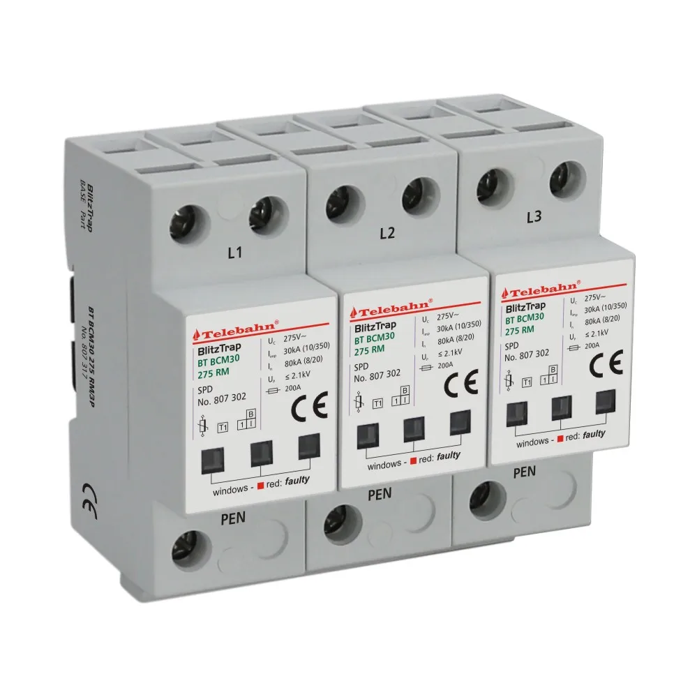 Blitzfilter SPD 3P für TN-C (3+0 Schaltkreis) Stromversorgungssystem T1+T2 275VAC 30kA 80kA 160kA Dreiphasige Überspannungsableiter