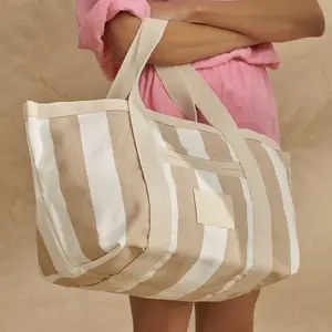 Custom Size Embroidered Logo Oversized Striped Colors Lady Women Commuting Canvas Tote Bag Travel Storage Fashion Shopping Bag