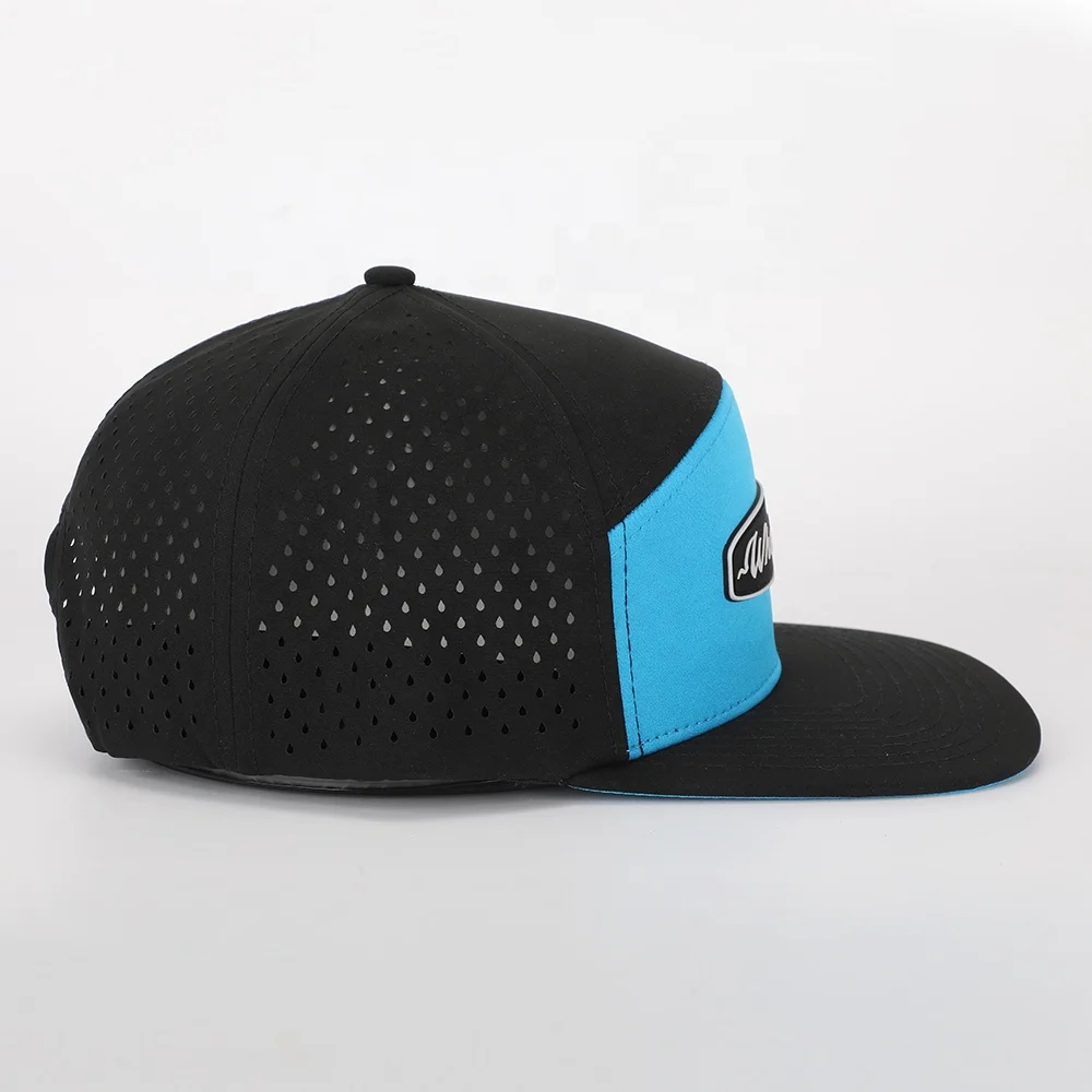 BSCI Oem Custom High Quality 6 Panel Flat Bill PVC Patch Logo Sport Snapback Cap Waterproof Laser Cut Hole Perforated Hat