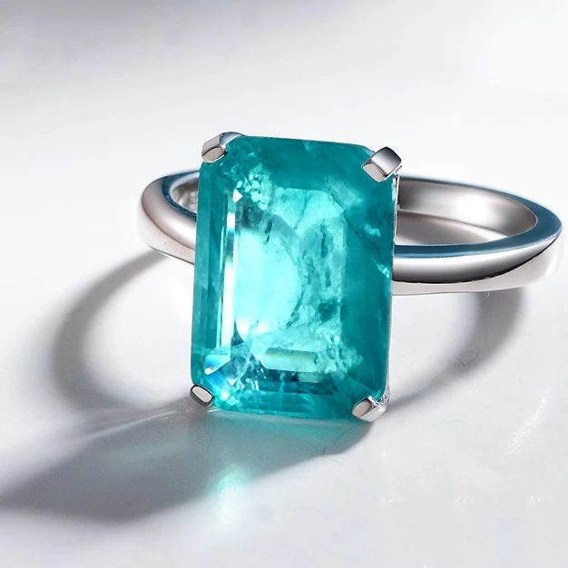 MUSHAN Jewelry Factory 925 Sterling Silver Fine Rings Synthetic Paraiba 7ct 10*14mm Blue Gemstones Ring for Women Anniversary