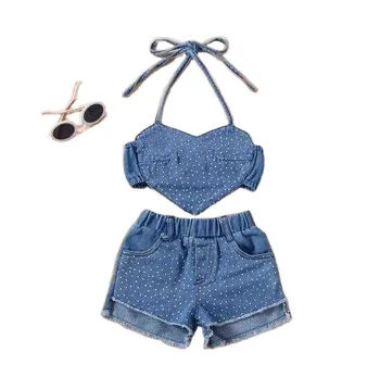 2024 Summer Autumn Clothes Set Baby Girls Halter T Shirt Denim Pants 2pcs Outfit Fashion Girls Hot Sell Clothes