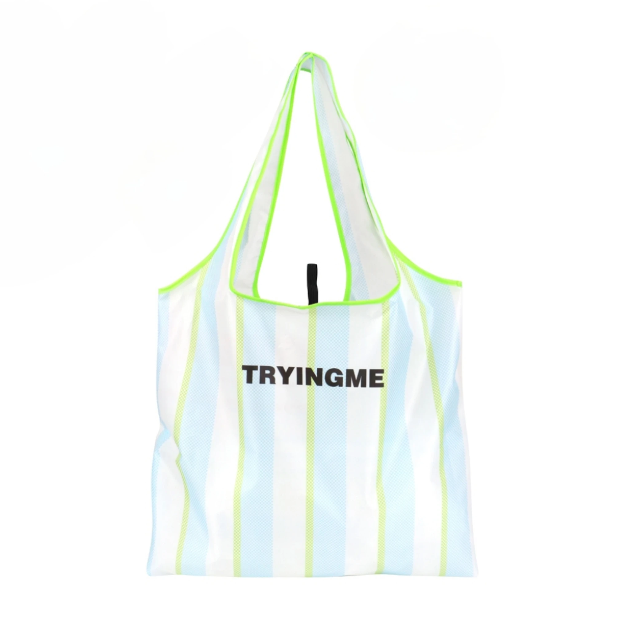 Eco-Friendly Reusable Grocery Tote Long Handle Folding Shopping Bags Striped Pattern Style Made of Durable Polyester Material