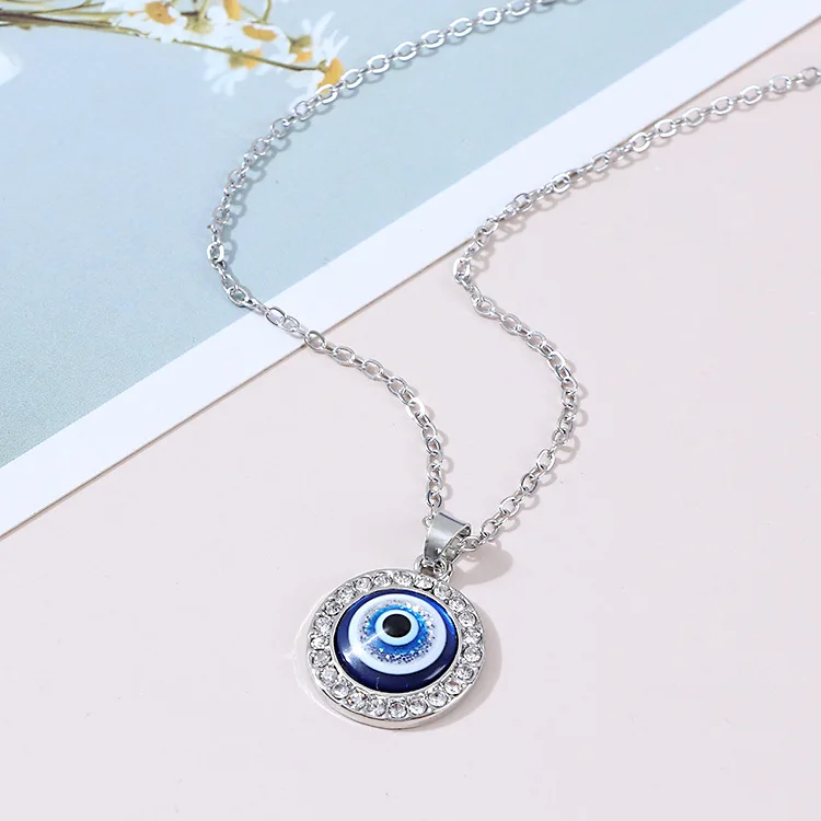 Turkish Evil Eyes Charm Necklace Crystal Rhinestone Round Heart Gold Plated Devil Blue Eye