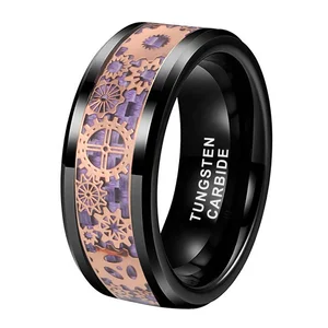 Coolstyle Jewelry 6mm 8mm Black Tungsten Ring Men Women Couple Wedding Band Steampunk Gear Wheel Carbon Fiber Inlay Comfort Fit