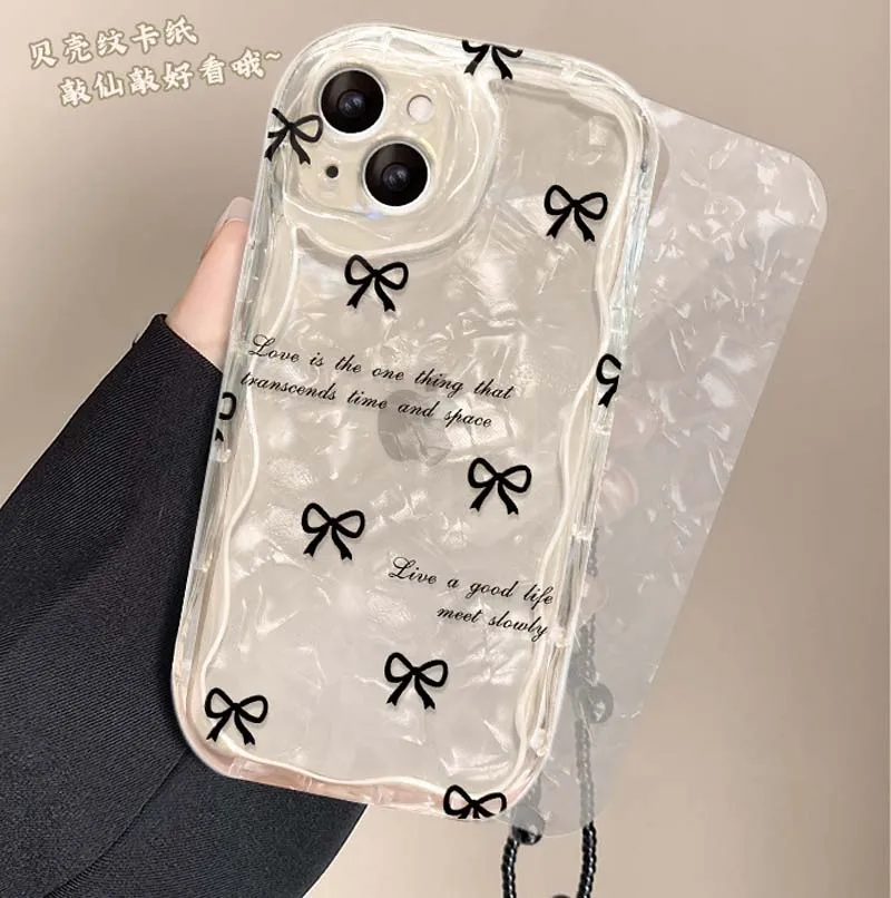 Black Bowknot Shell Pattern Paper With Bead Bracelet TPU Mobile Phone Cover Case for Iphone 7 8 Xr XS 11 12 13 14 15 16 Pro Max