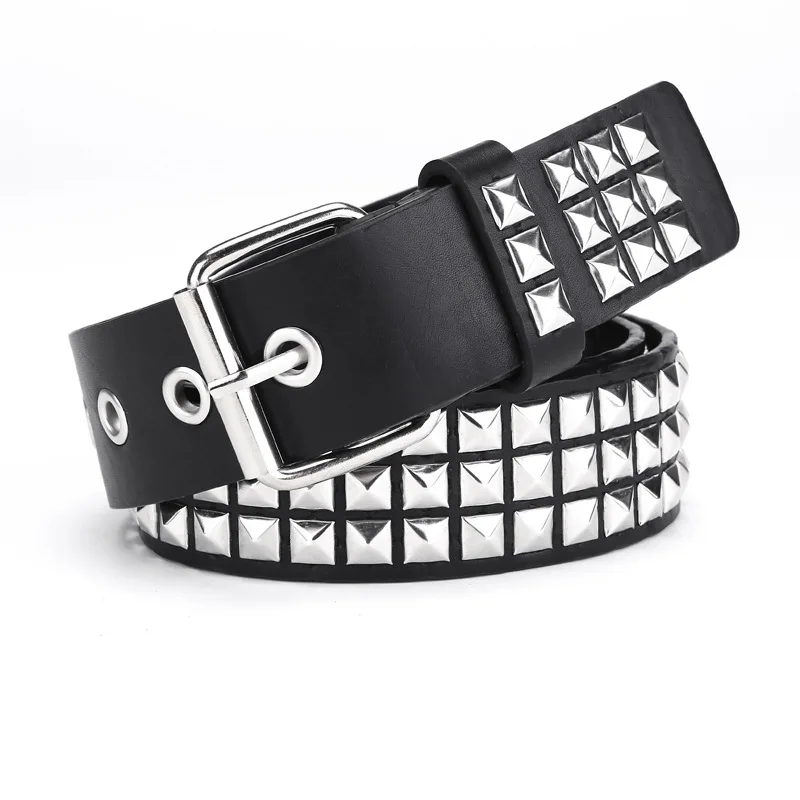 thumbnail image 2 of Mens Womens 3Rows Metal Pyramid Studded Leather Belt Punk Rock Goth Emo 30"-44 2 of 11