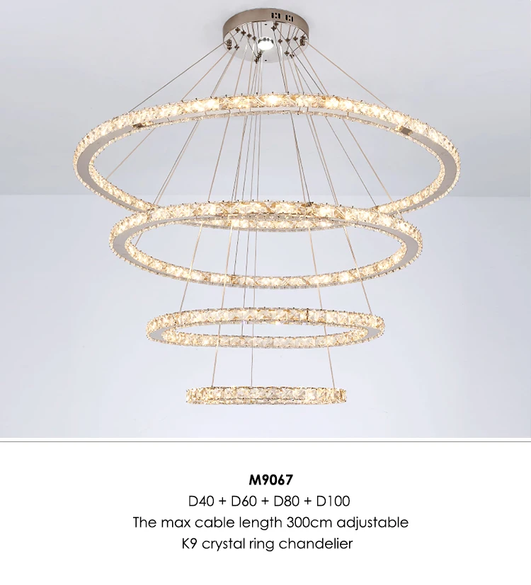 Modern adjustable round led ceiling light k9 crystal ring chandelier for dining room