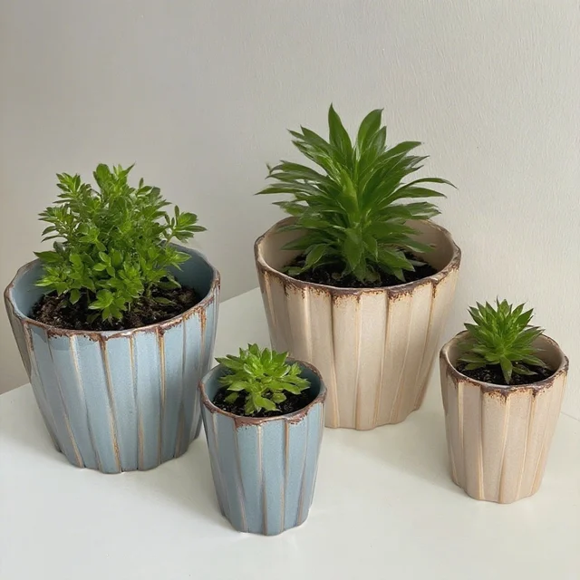 Ribbed Ceramic Flower Pot Textured Round Planters Home Garden Planters for Indoor Outdoor